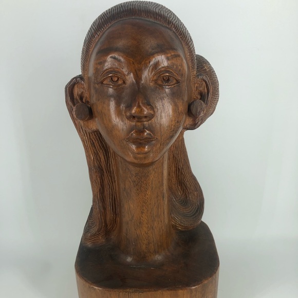 Vintage Hand-Carved Solid Wood Indonesian Female Bust 12.5” Tall